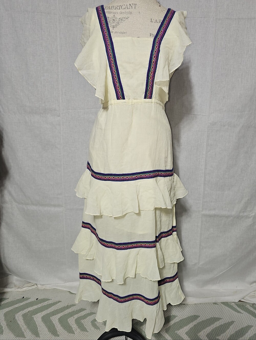 Primo Emporio Cream Maxi Dress with Blue and Pink Embroidered Bands
